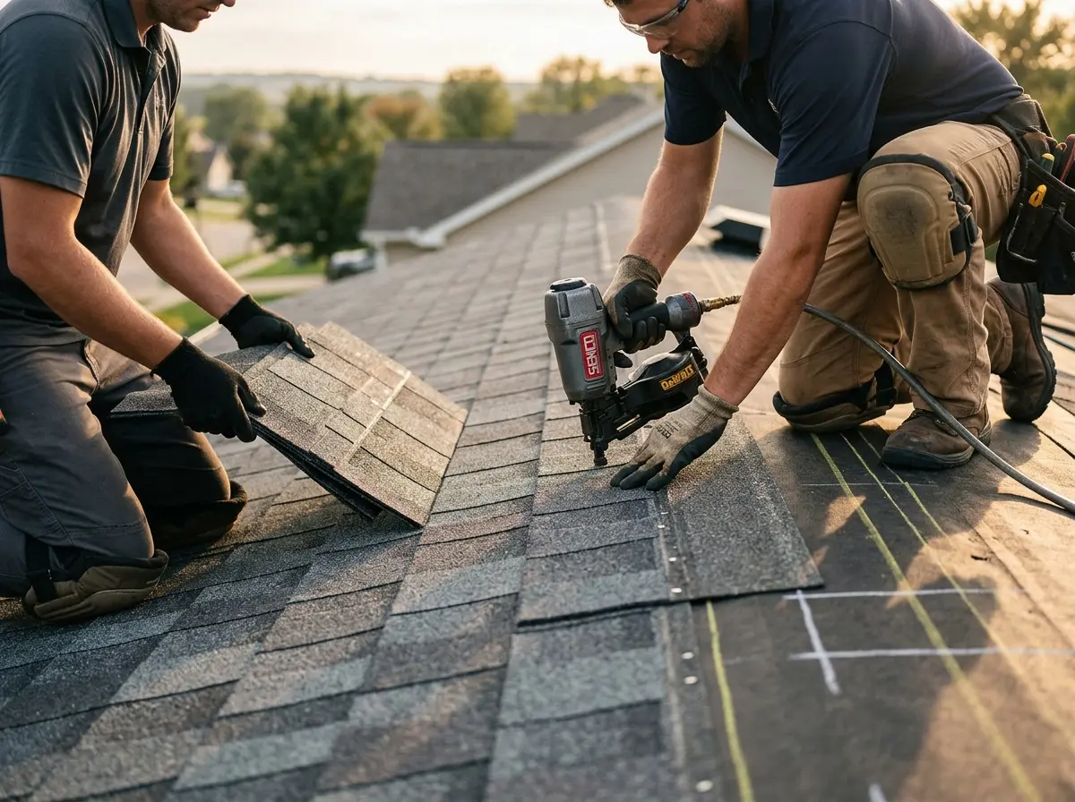 Professional roofer working on a residential roof in Mukilteo